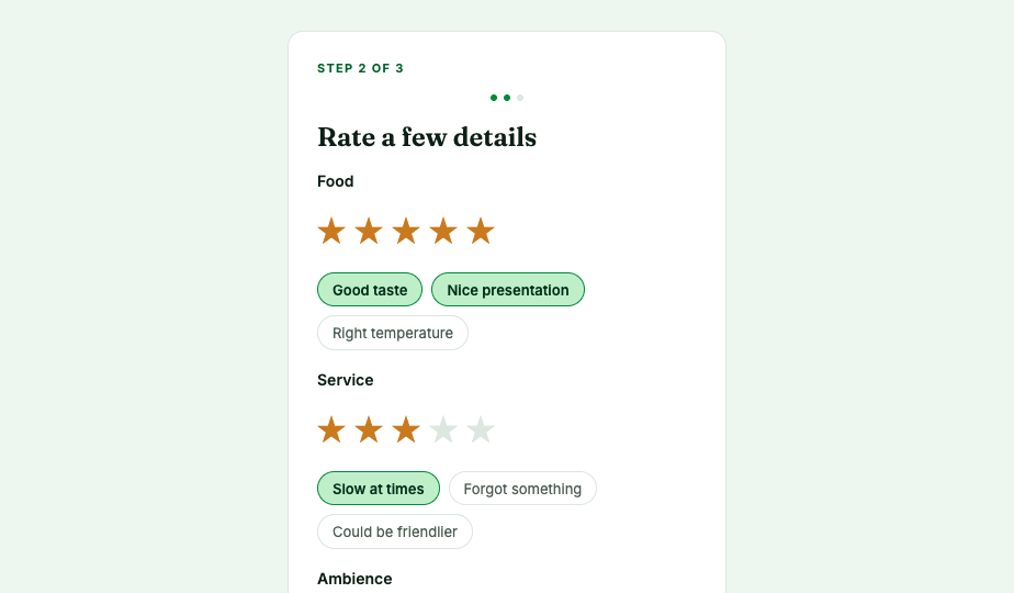 Guest feedback screen — a guest rates food, service and atmosphere with quick tap ratings and guided tags